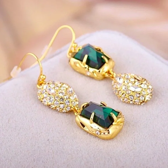 ALEXIS BITTAR Double Drop Mismatched Green Crystal Dangle Earrings - Picture 7 of 12
